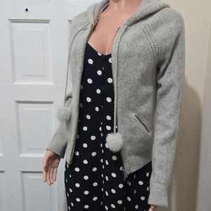 Express Gray Hooded Cardigan with Pom Poms